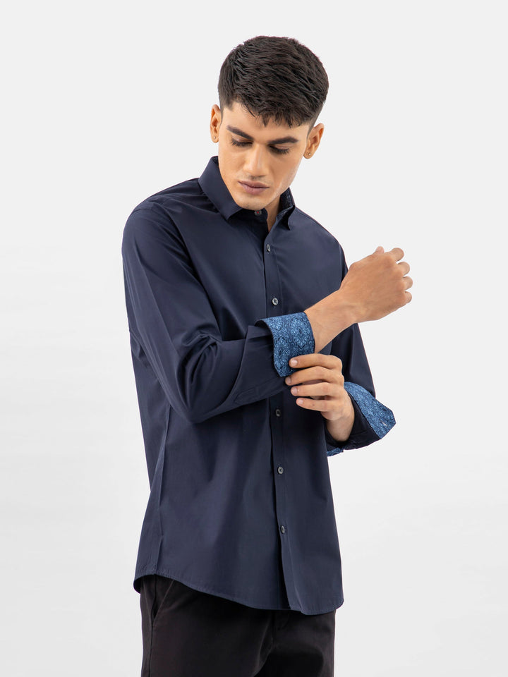 Brumano Ready To Wear Shirts Men 1 Piece Cotton Navy Blue Satin Shirt With Inner Collar Detailing 0-31-024-3380 - Summer Collection