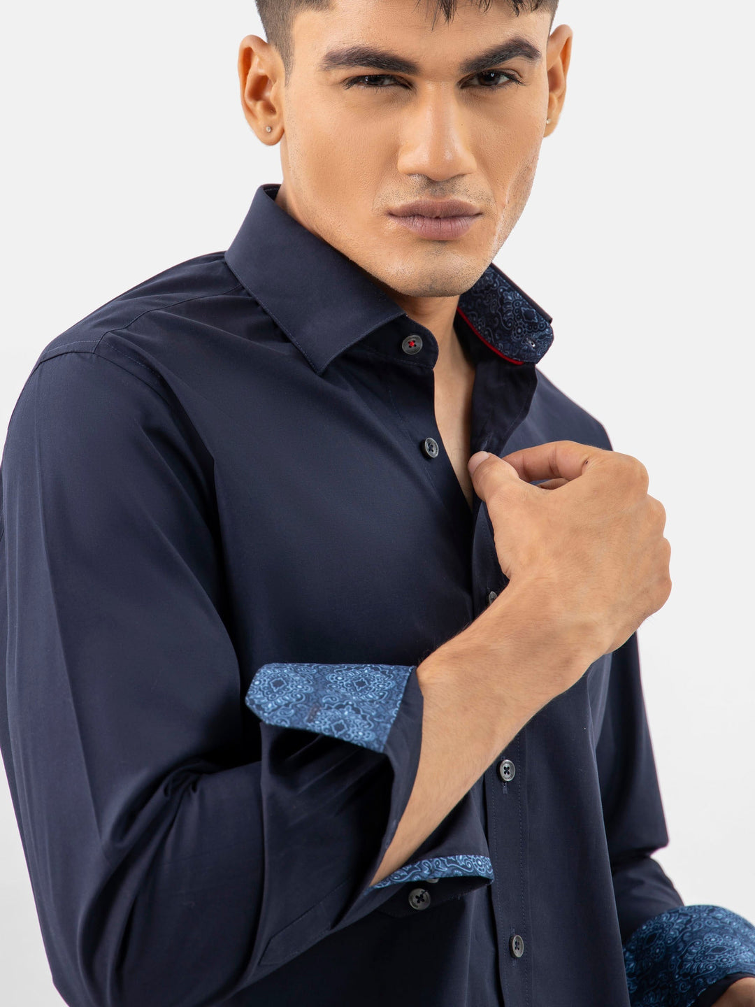 Brumano Ready To Wear Shirts Men 1 Piece Cotton Navy Blue Satin Shirt With Inner Collar Detailing 0-31-024-3380 - Summer Collection