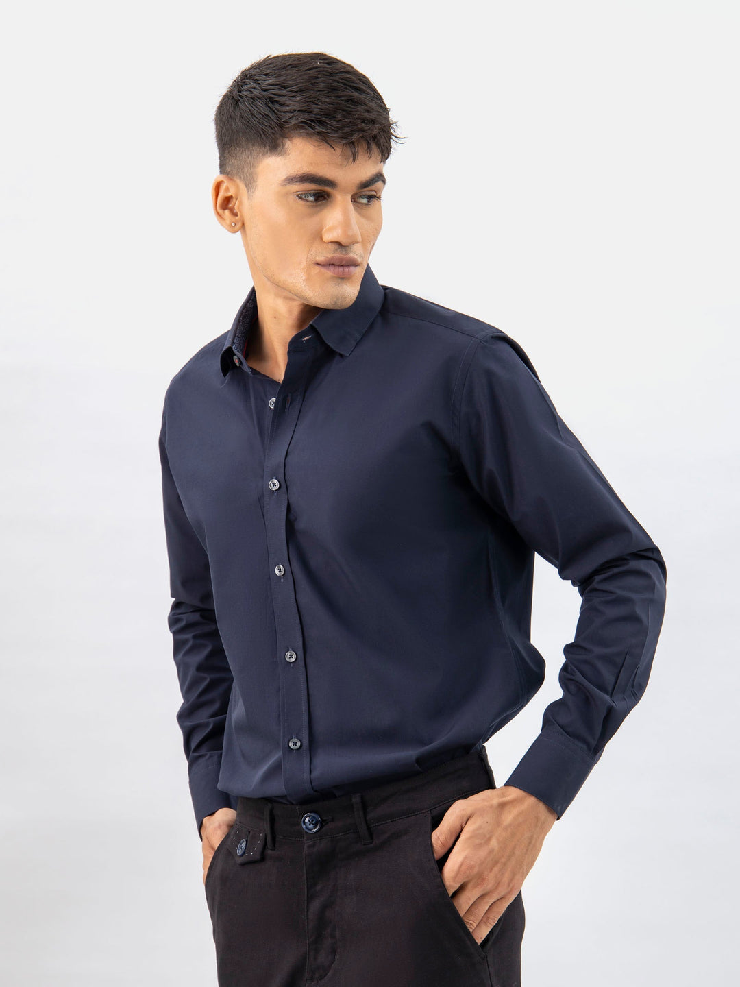 Brumano Mens RTW Solids Cotton Shirt Navy Blue Satin With Inner Collar Casual Collection