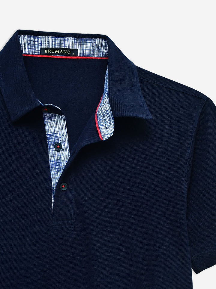 Brumano  Solids Cotton Polo Navy Blue Self Collar Polo With Contrasting Detailing