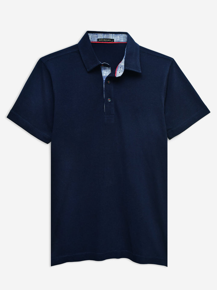 Brumano  Solids Cotton Polo Navy Blue Self Collar Polo With Contrasting Detailing