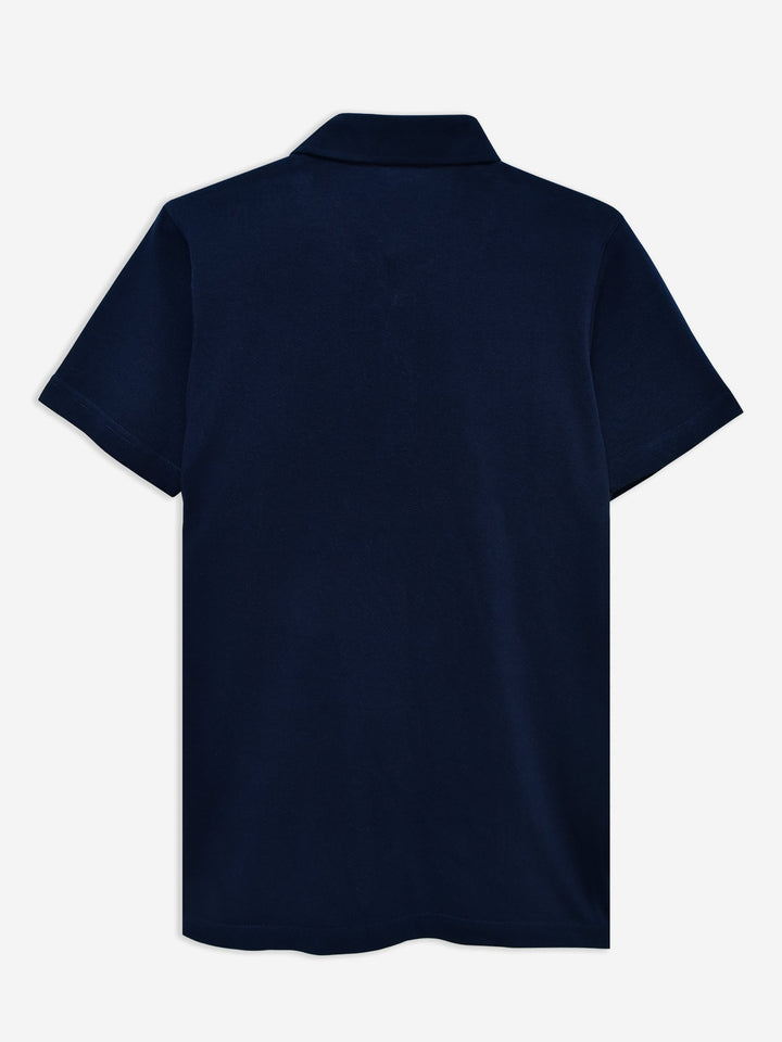 Brumano  Solids Cotton Polo Navy Blue Self Collar Polo With Contrasting Detailing