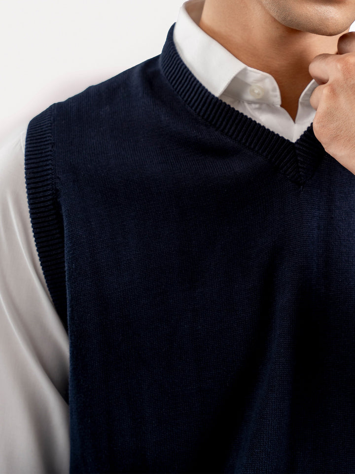 Brumano Mens RTW Solids Cotton 1 Piece Navy Blue V-Neck Sweater Winter Collection