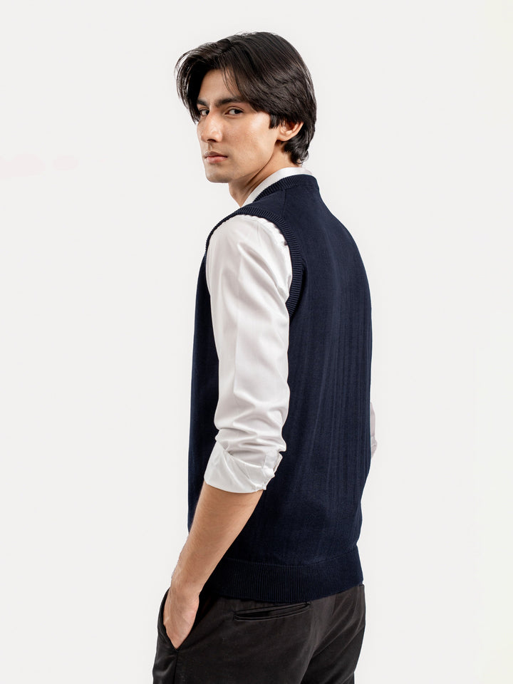 Brumano Mens RTW Solids Cotton 1 Piece Navy Blue V-Neck Sweater Winter Collection