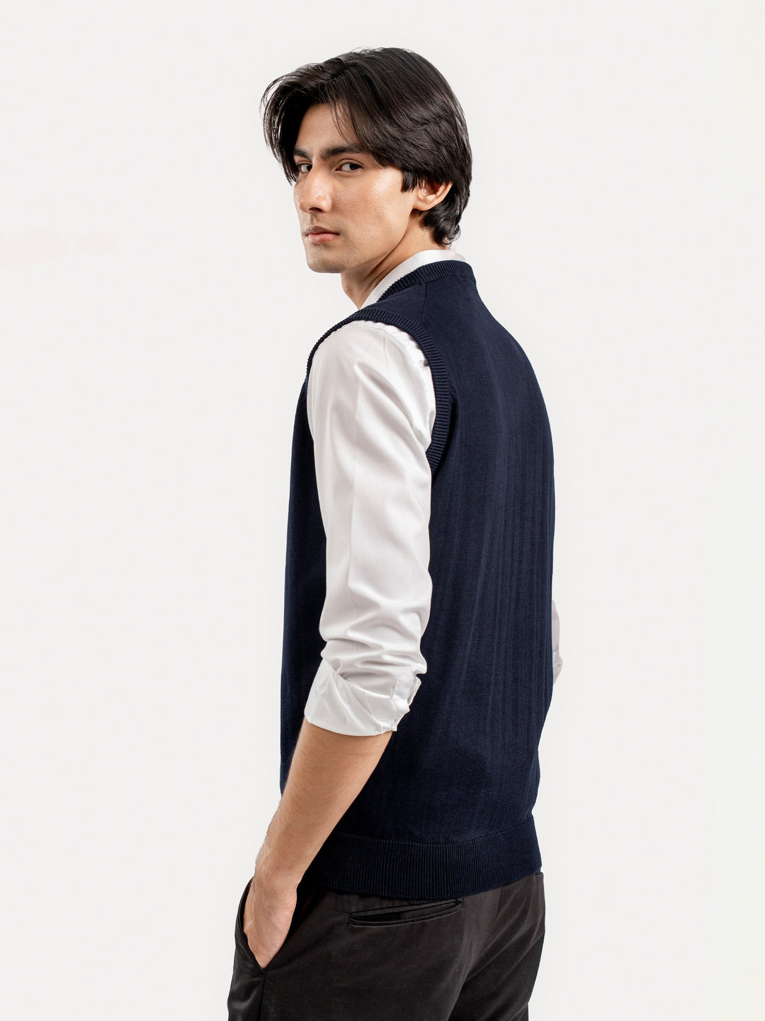 Brumano Mens RTW Solids Cotton 1 Piece Navy Blue V-Neck Sweater Winter Collection
