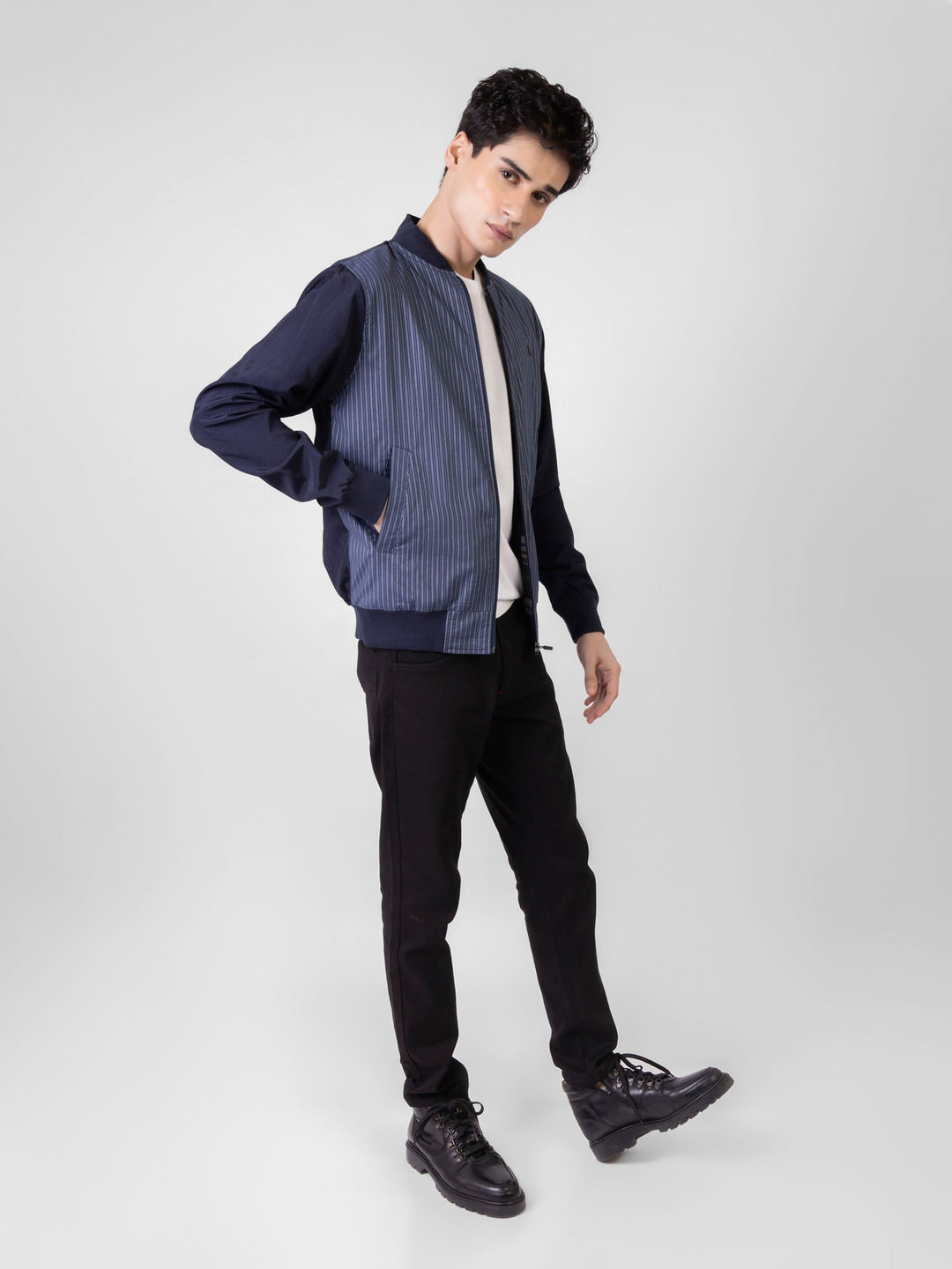 Brumano Pret Solids Polyester 1 Piece Navy Blue Striped Light Weight Bomber Jacket