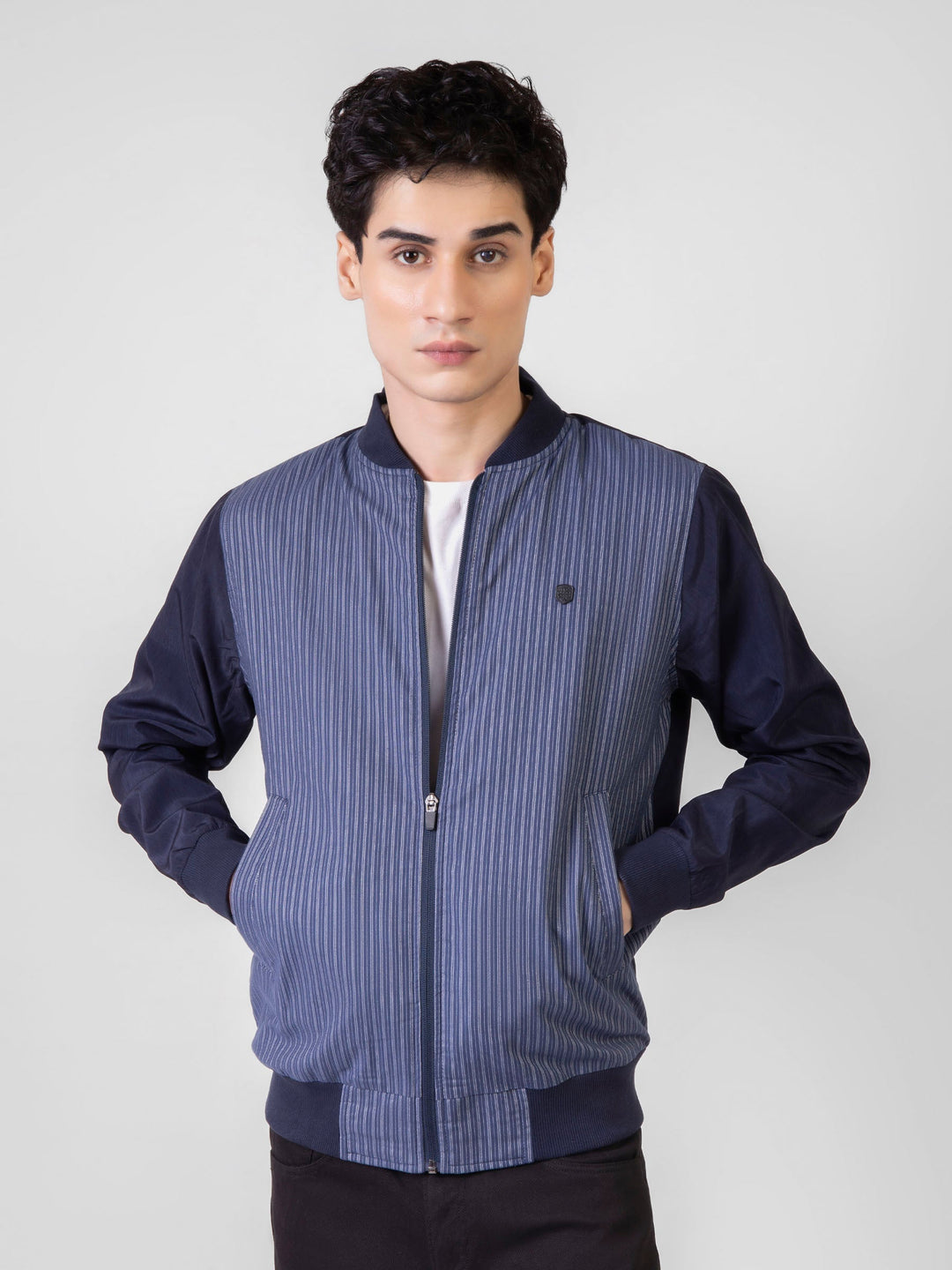 Brumano Pret Solids Polyester 1 Piece Navy Blue Striped Light Weight Bomber Jacket