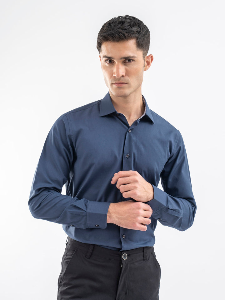 Brumano Ready To Wear Shirts Men 1 Piece Cotton Navy Blue Structured Formal Shirt With Inner Collar Detailing 0-31-025-4195 - Summer Collection