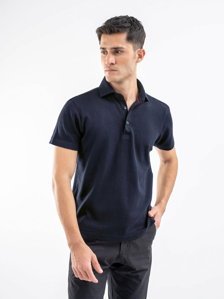 Brumano  Solids Cotton Polo Navy Blue Structured Polo With Cutaway Collar