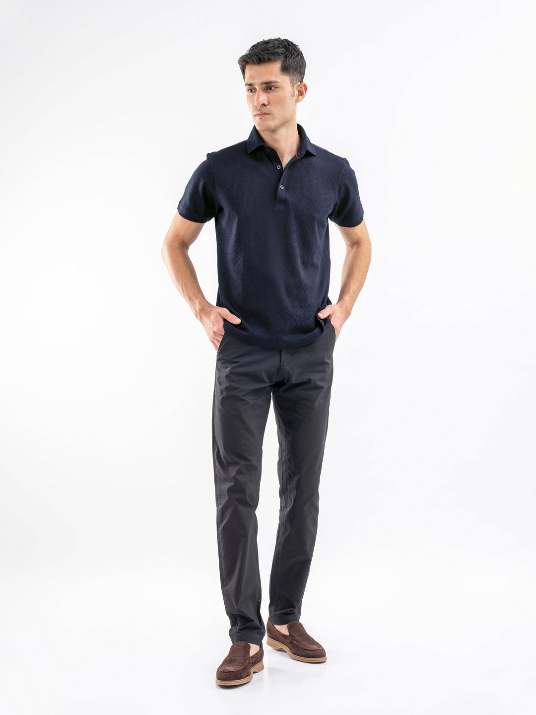 Brumano  Solids Cotton Polo Navy Blue Structured Polo With Cutaway Collar