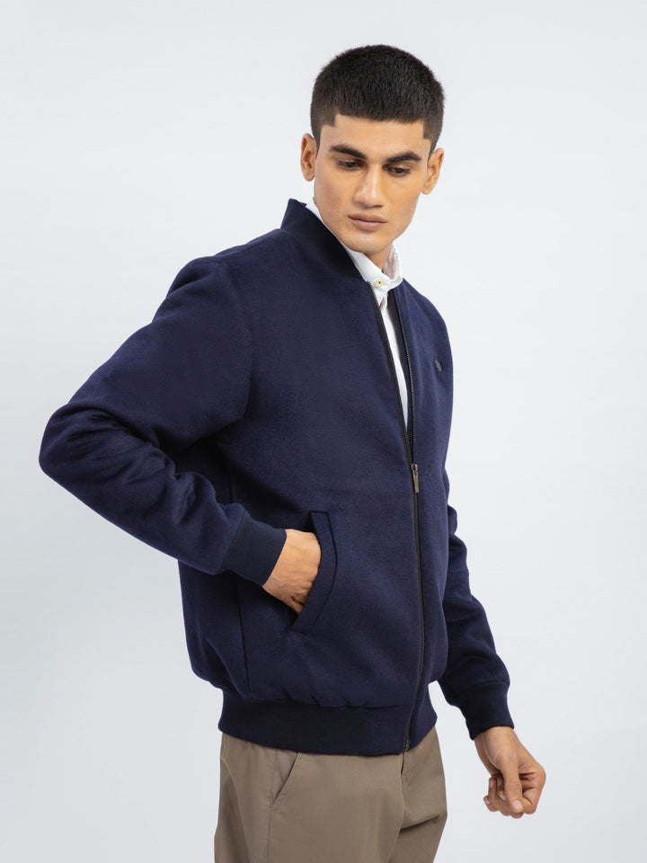 Brumano Pret Solids Polyester 1 Piece Navy Blue Wool Bomber Jacket - Limited Edition