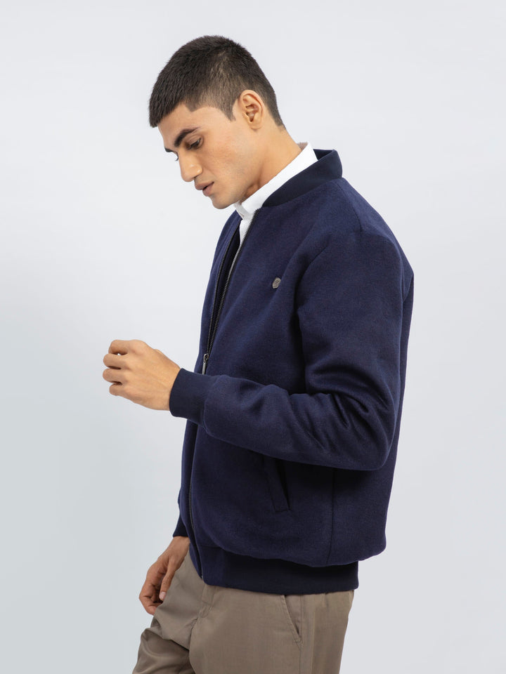 Brumano Pret Solids Polyester 1 Piece Navy Blue Wool Bomber Jacket - Limited Edition