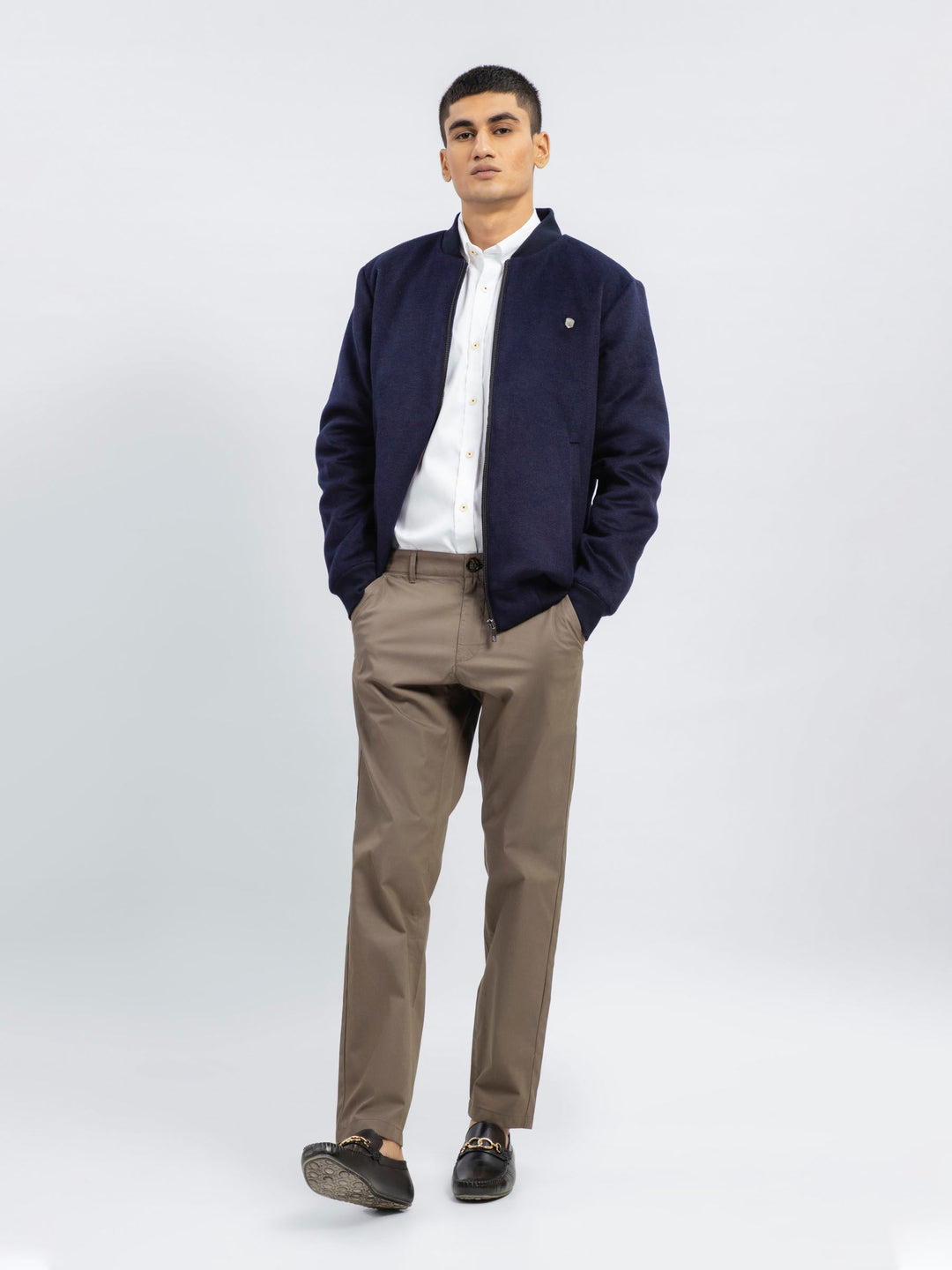 Brumano Pret Solids Polyester 1 Piece Navy Blue Wool Bomber Jacket - Limited Edition