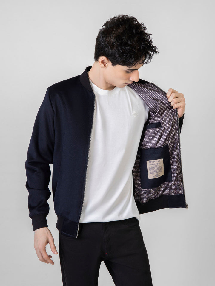Brumano Pret Solids Polyester 1 Piece Navy Blue Wool Bomber Jacket