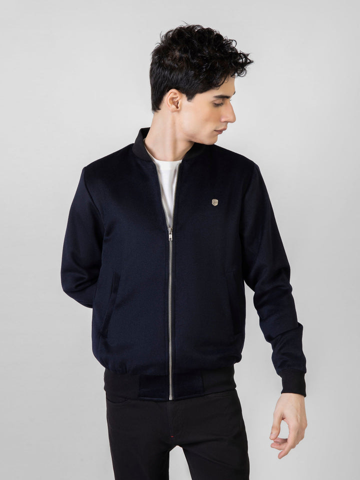 Brumano Pret Solids Polyester 1 Piece Navy Blue Wool Bomber Jacket