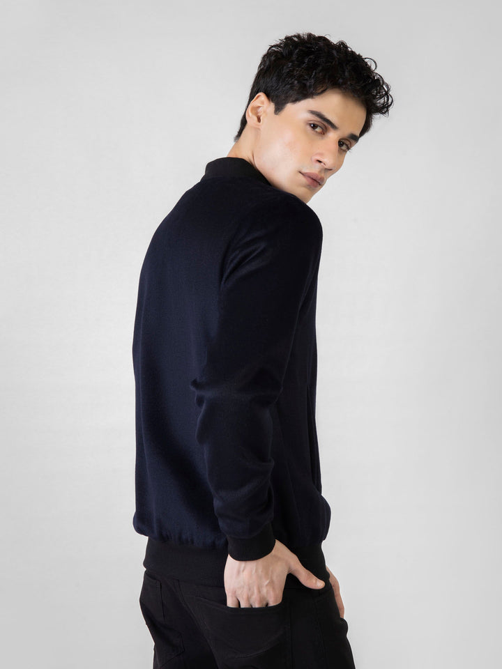 Brumano Pret Solids Polyester 1 Piece Navy Blue Wool Bomber Jacket