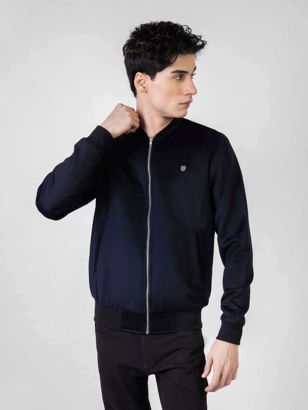 Brumano Pret Solids Polyester 1 Piece Navy Blue Wool Bomber Jacket