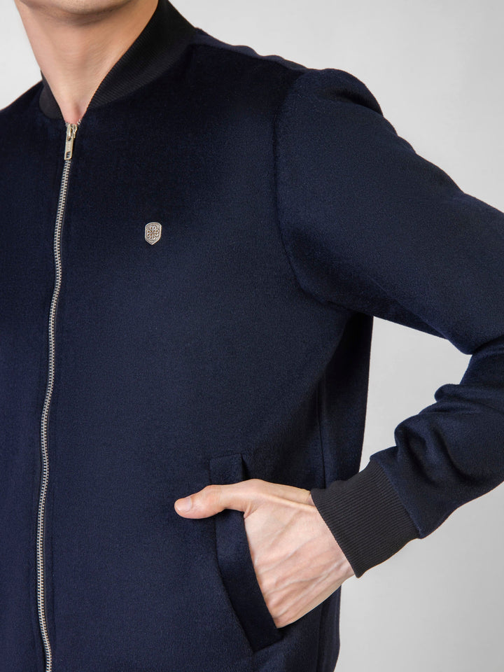 Brumano Pret Solids Polyester 1 Piece Navy Blue Wool Bomber Jacket