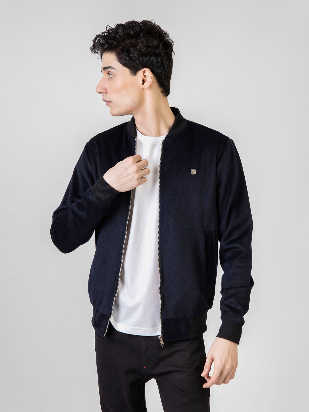 Brumano Pret Solids Polyester 1 Piece Navy Blue Wool Bomber Jacket