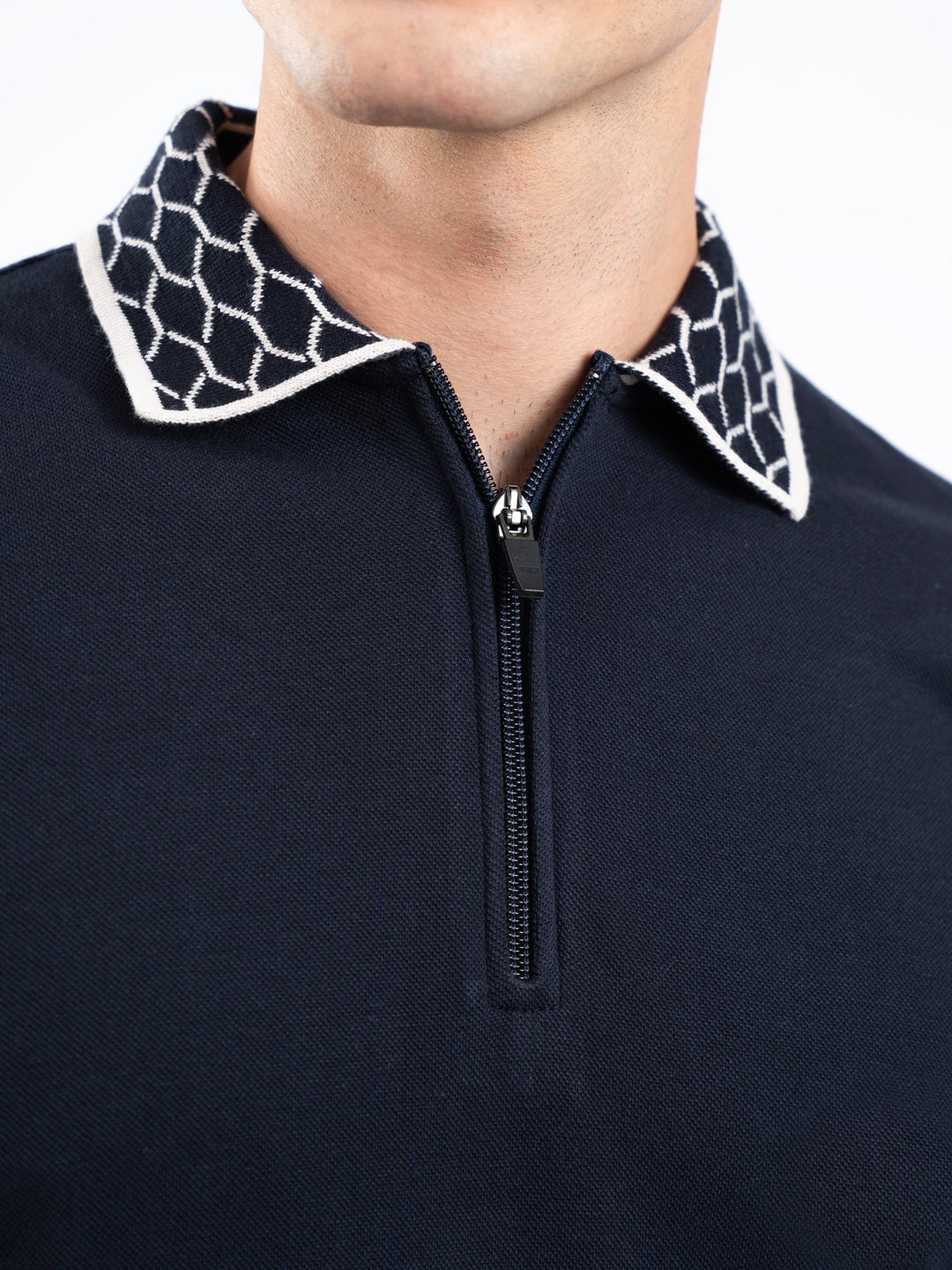 Brumano  Solids Cotton Polo Navy Blue Zipper Polo With Jacquard Collar