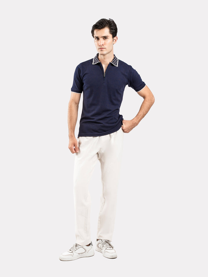 Brumano  Solids Cotton Polo Navy Blue Zipper Polo With Jacquard Collar