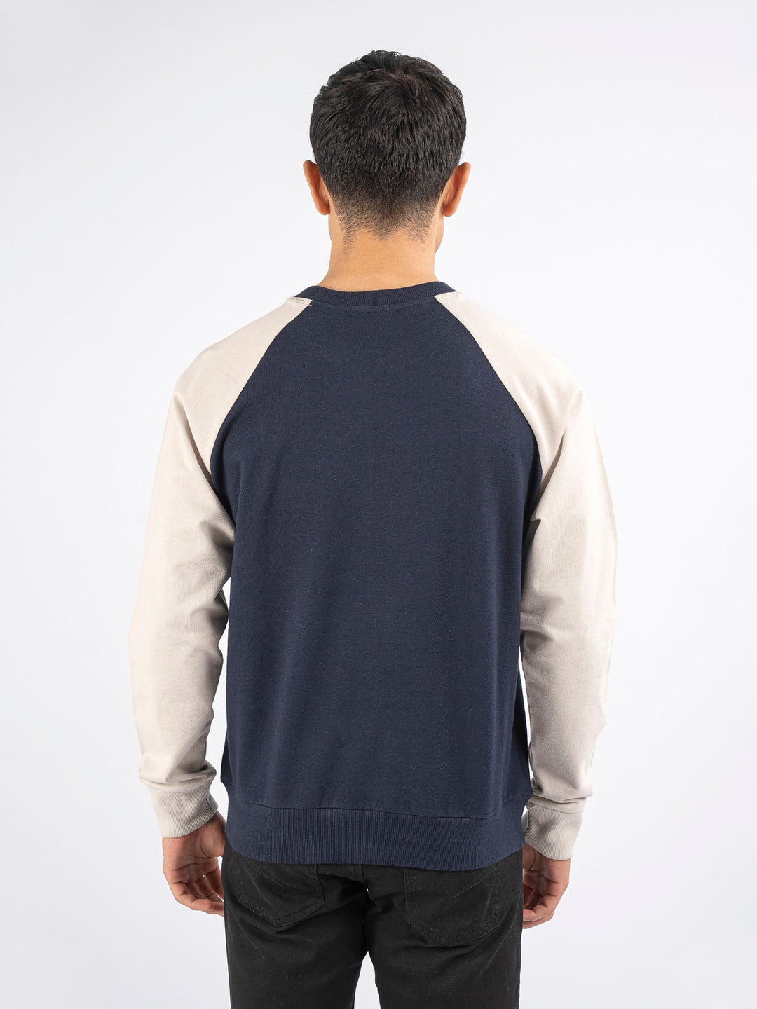 Brumano Ready To Wear Solids Cotton 1 Piece Men Navy Blue & Beige Raglan Sleeves Crew Neck Sweatshirt 0-45-024-4301 - Winter Collection