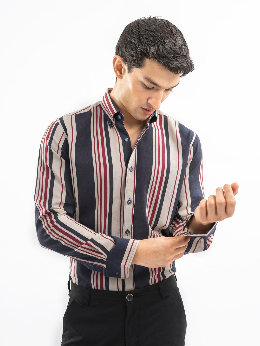 Brumano Ready To Wear Shirts Men 1 Piece Cotton Navy Blue & Beige Striped Button Down Shirt 0-31-025-4400 - Summer Collection