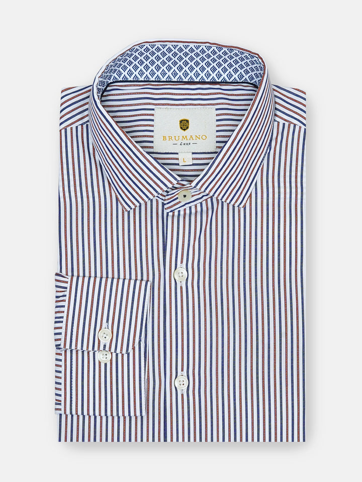 Brumano Ready To Wear Shirts Men 1 Piece Cotton Navy Blue & Brown Striped Formal Shirt 0-32-024-3305 - Summer Collection