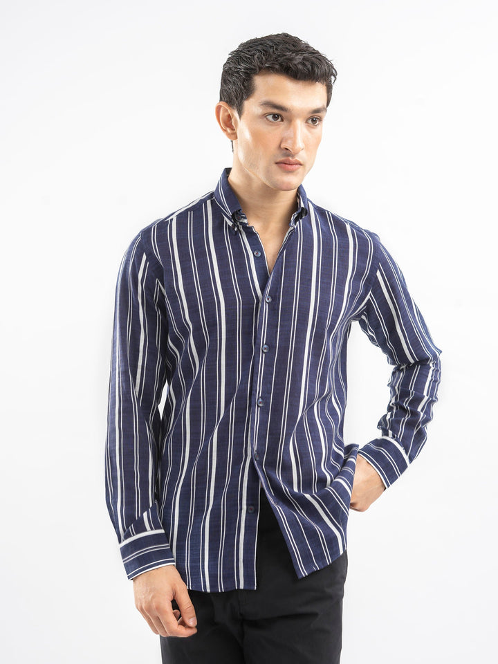 Brumano Ready To Wear Shirts Men 1 Piece Cotton Navy Blue & White Bold Striped Button Down Shirt 0-31-025-4406 - Summer Collection