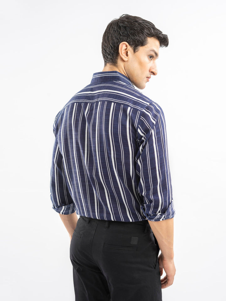 Brumano Ready To Wear Shirts Men 1 Piece Cotton Navy Blue & White Bold Striped Button Down Shirt 0-31-025-4406 - Summer Collection