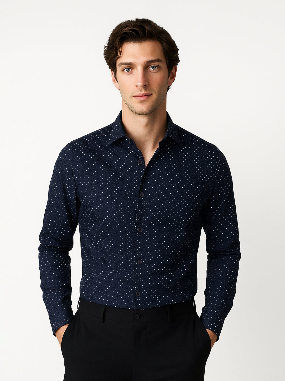 Brumano Ready To Wear Shirts Men 1 Piece Cotton Navy Blue & White Dobby Structured Shirt 0-31-025-4514 - Summer Collection