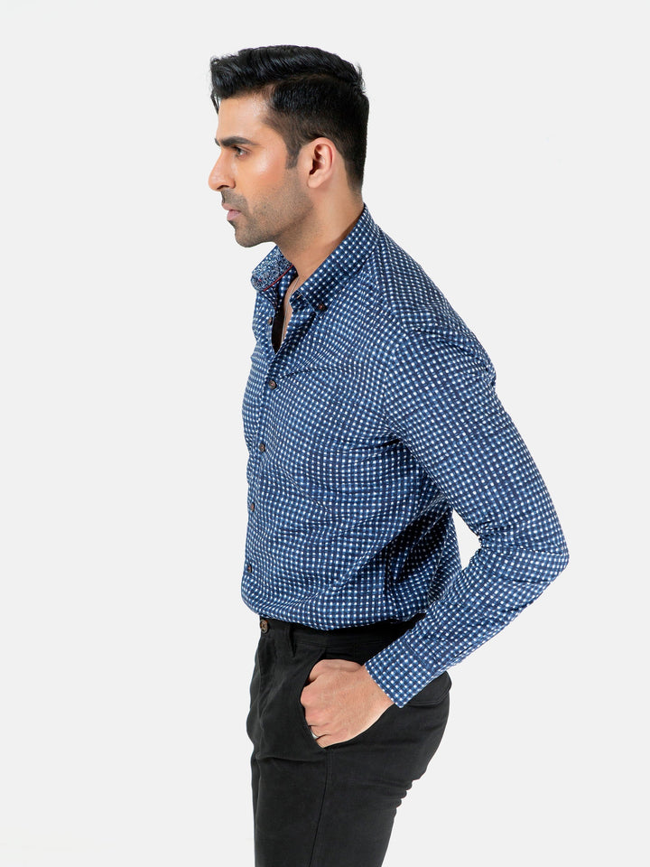 Brumano Ready To Wear Shirts Men 1 Piece Cotton Navy Blue & White Printed Button Down Shirt 0-31-023-2367 - Summer Collection