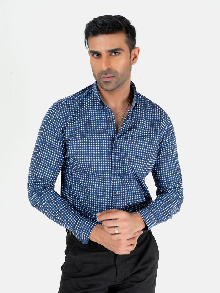 Brumano Ready To Wear Shirts Men 1 Piece Cotton Navy Blue & White Printed Button Down Shirt 0-31-023-2367 - Summer Collection