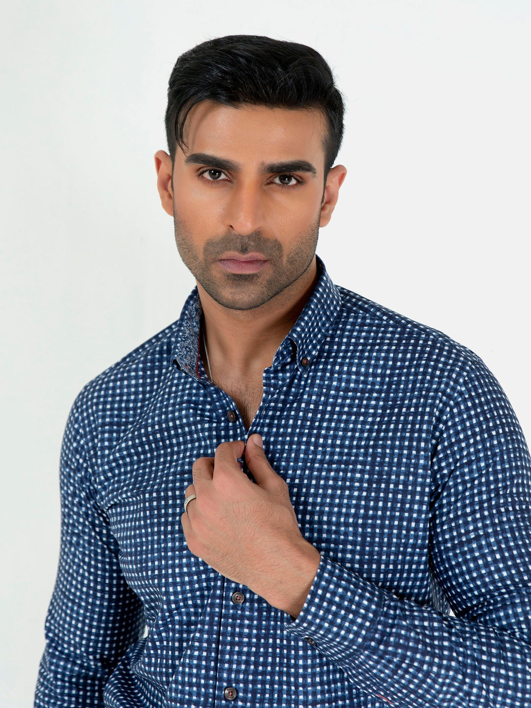 Brumano Ready To Wear Shirts Men 1 Piece Cotton Navy Blue & White Printed Button Down Shirt 0-31-023-2367 - Summer Collection