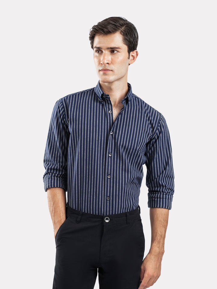 Brumano Ready To Wear Shirts Men 1 Piece Cotton Navy Blue & White Striped Button Down Shirt 0-31-025-4518 - Summer Collection
