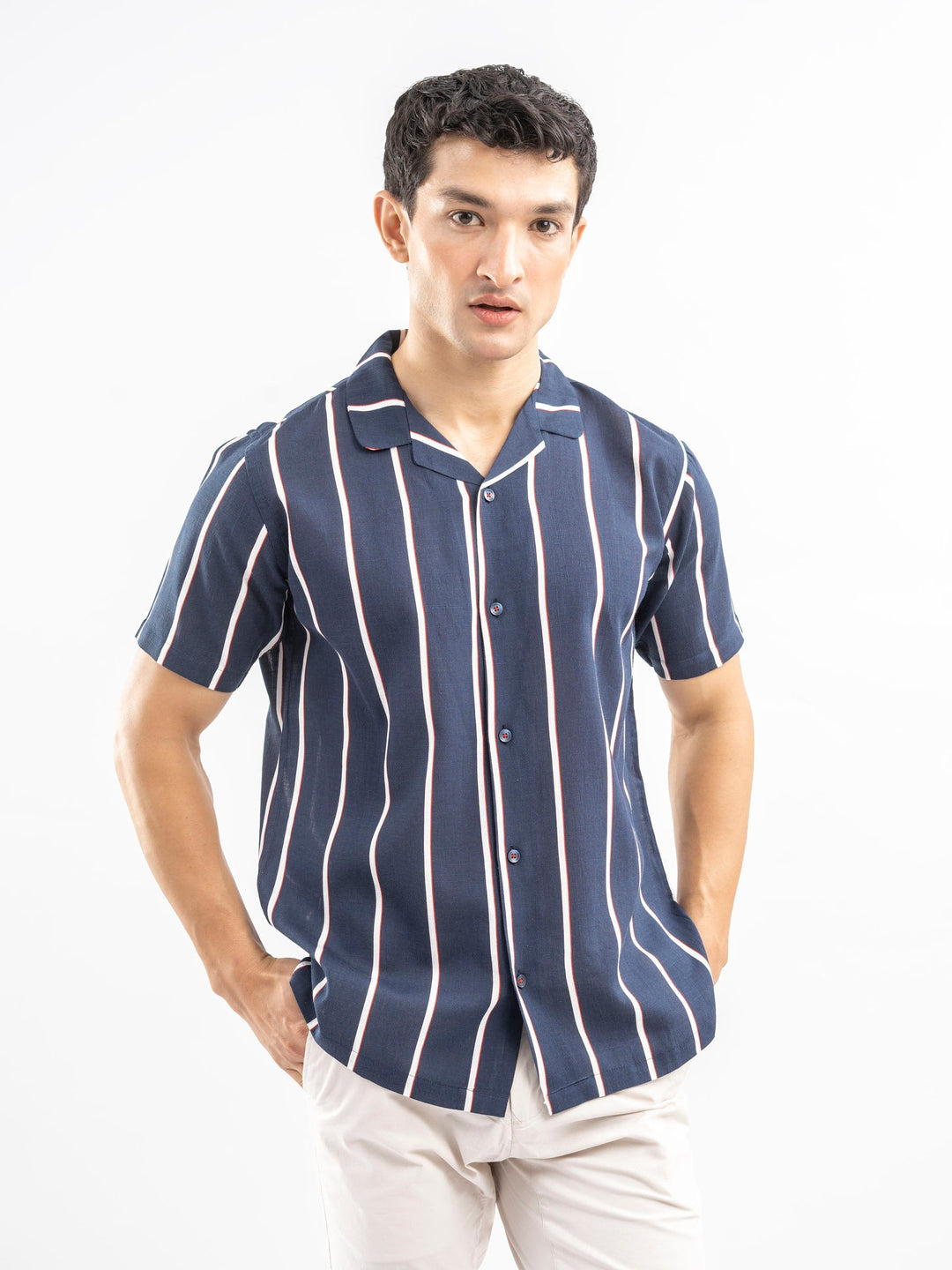 Brumano Ready To Wear Shirts Men 1 Piece Cotton Navy Blue & White Striped Cuban Collar Shirt 0-33-025-4408 - Summer Collection