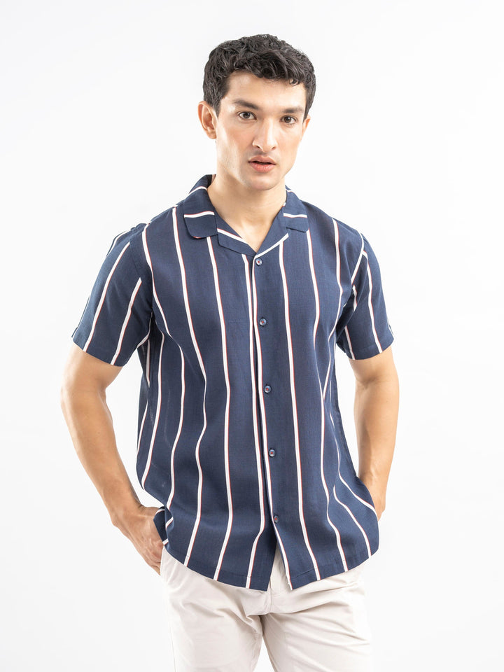 Brumano Ready To Wear Shirts Men 1 Piece Cotton Navy Blue & White Striped Cuban Collar Shirt 0-33-025-4408 - Summer Collection