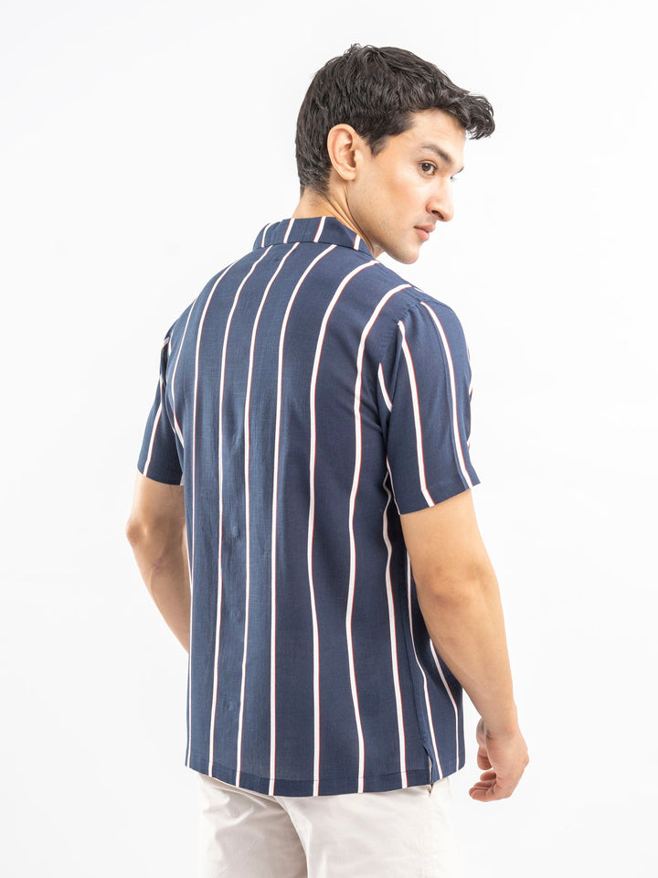 Brumano Ready To Wear Shirts Men 1 Piece Cotton Navy Blue & White Striped Cuban Collar Shirt 0-33-025-4408 - Summer Collection