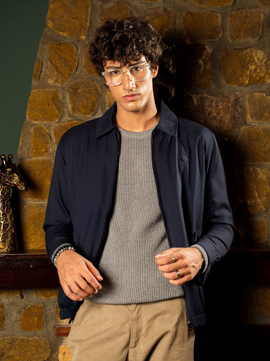 Navy Twill Harrington Jacket With Collar