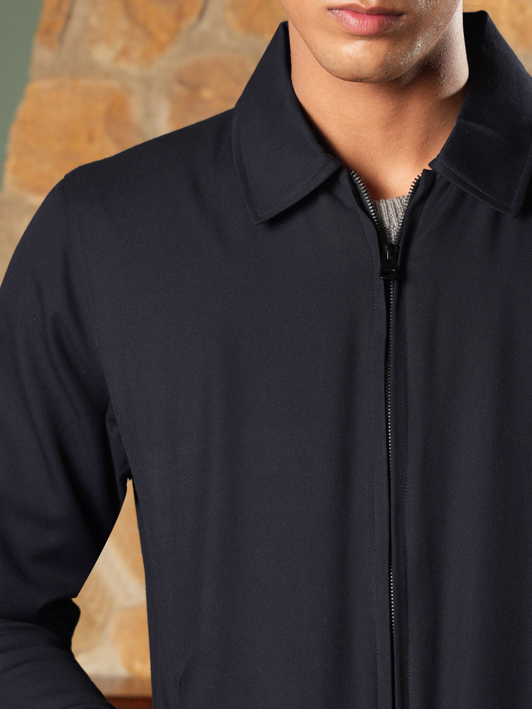 Navy Twill Harrington Jacket With Collar