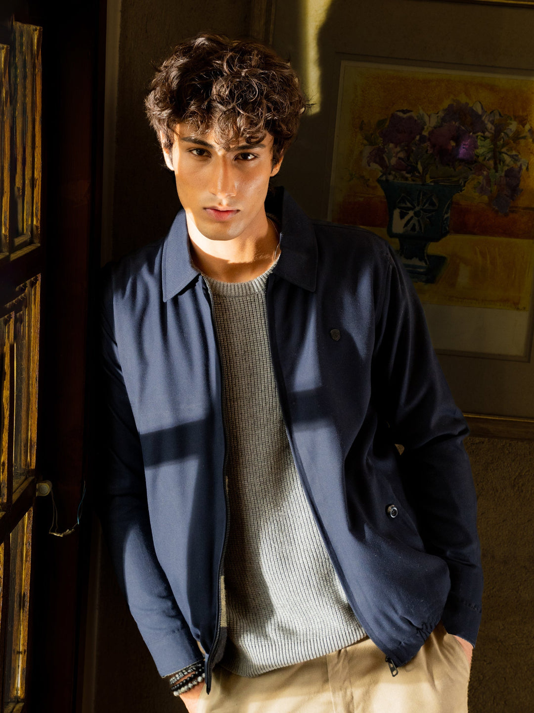 Brumano Ready To Wear Solids Cotton 1 Piece Men Navy Twill Harrington Jacket With Collar 0-11-025-4729 - Winter Collection