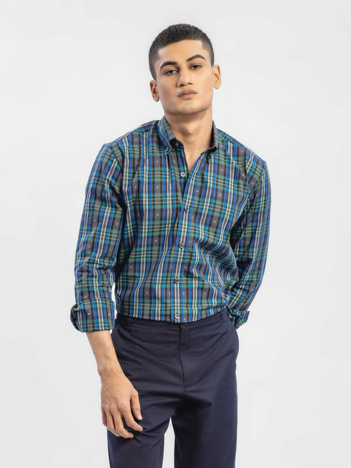 Brumano Ready To Wear Shirts Men 1 Piece Cotton Navy & Green Tartan Plaid Checkered Shirt 0-31-024-5074 - Summer Collection