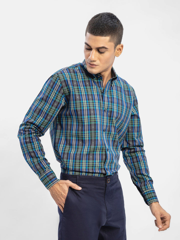 Brumano Ready To Wear Shirts Men 1 Piece Cotton Navy & Green Tartan Plaid Checkered Shirt 0-31-024-5074 - Summer Collection