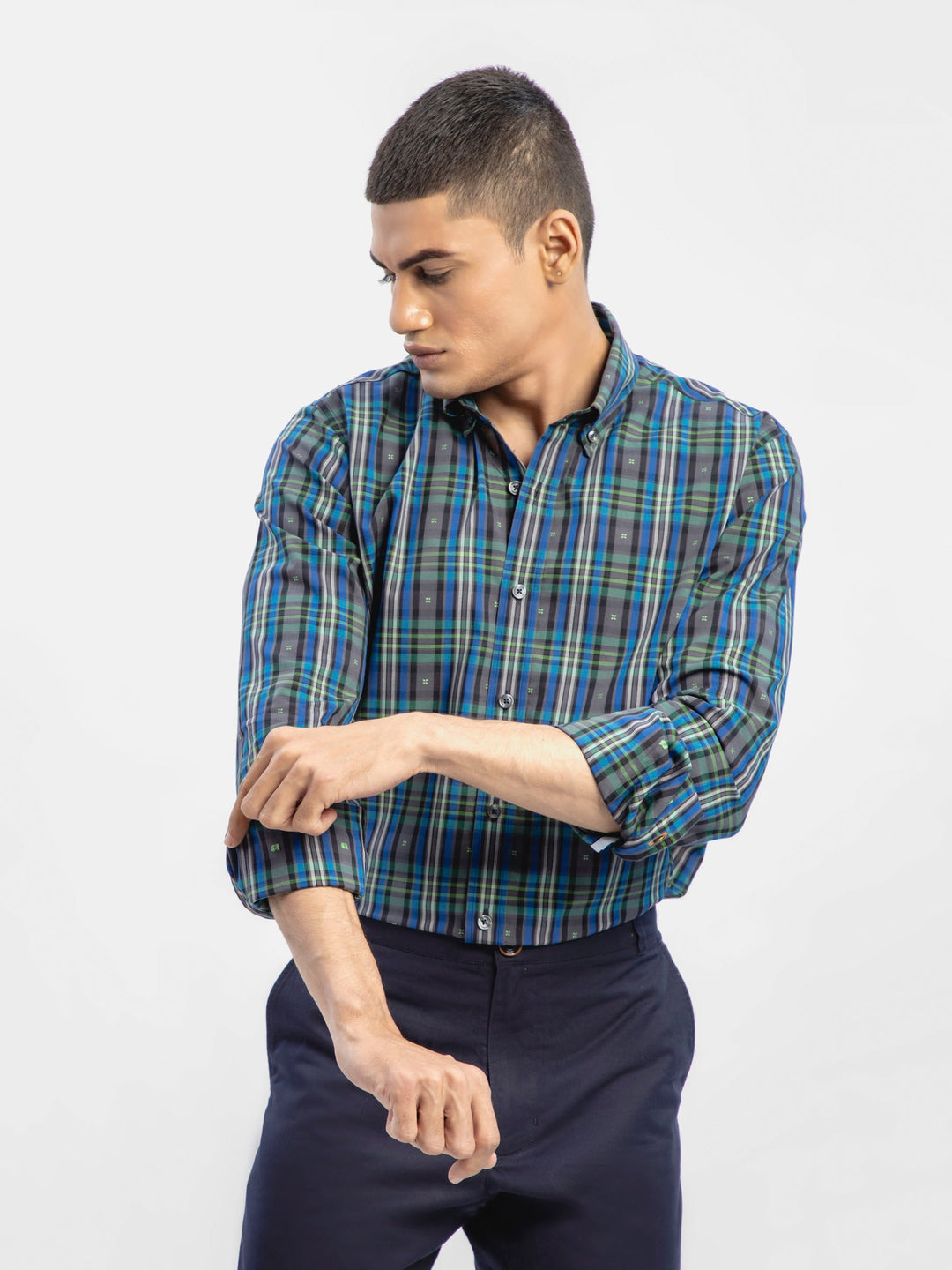 Brumano Ready To Wear Shirts Men 1 Piece Cotton Navy & Green Tartan Plaid Checkered Shirt 0-31-024-5074 - Summer Collection