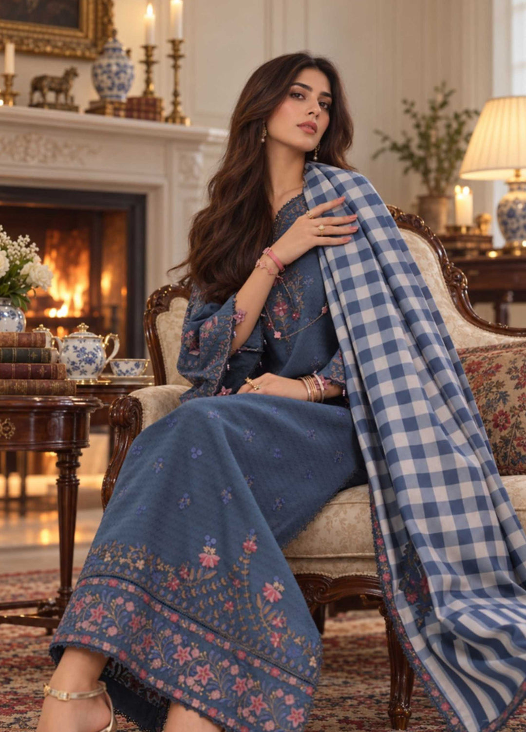 Noor Pashmina Shawl by Saadia Asad Unstitched Embroidered Jacquard 3 Piece Suit SA26UNW D3 - Winter Collection
