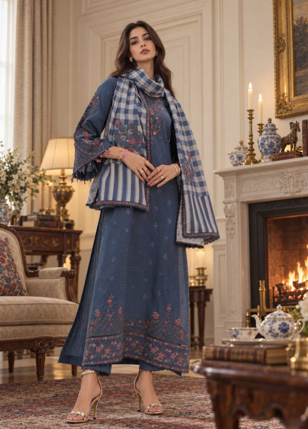 Noor Pashmina Shawl by Saadia Asad Unstitched Embroidered Jacquard 3 Piece Suit SA26UNW D3 - Winter Collection
