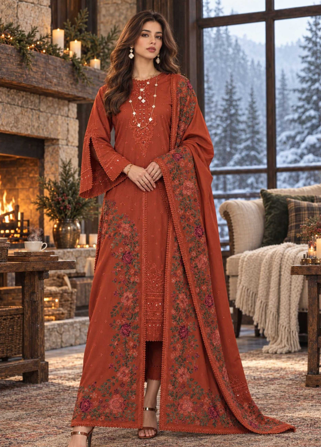 Noor Pashmina Shawl by Saadia Asad Unstitched Embroidered Khaddar 3 Piece Suit SA26UNW D5 - Winter Collection