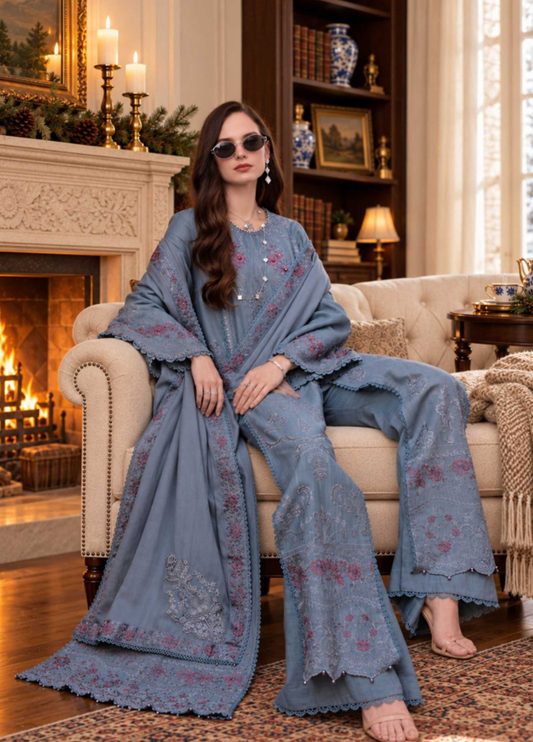 Noor Pashmina Shawl by Saadia Asad Unstitched Embroidered Khaddar 3 Piece Suit SA26UNW D9 - Winter Collection