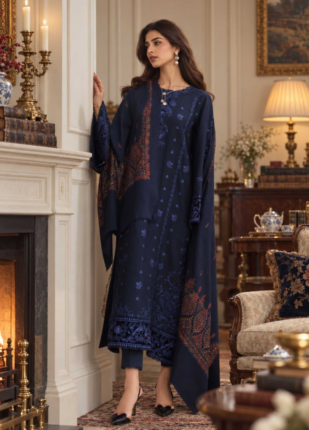 Noor Pashmina Shawl by Saadia Asad Unstitched Embroidered Khaddar 3 Piece Suit SA26UNW D12 - Winter Collection