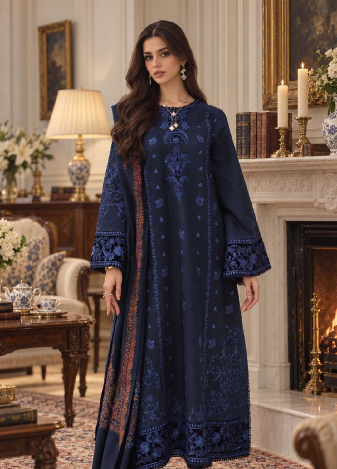 Noor Pashmina Shawl by Saadia Asad Unstitched Embroidered Khaddar 3 Piece Suit SA26UNW D12 - Winter Collection